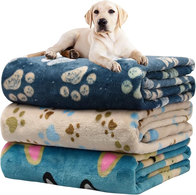 Rezutan Premium Dog Blankets for Large Dogs & Cat Flannel Blanket Washable, Soft Pet Throw Cover for Kennel Crate Bed, Cute Paw Pattern,41x31 inch, Blue/Beige/Navy Blue