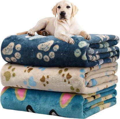 Rezutan Premium Dog Blankets for Large Dogs & Cat Flannel Blanket Washable, Soft Pet Throw Cover for Kennel Crate Bed, Cute Paw Pattern,41x31 inch, Blue/Beige/Navy Blue