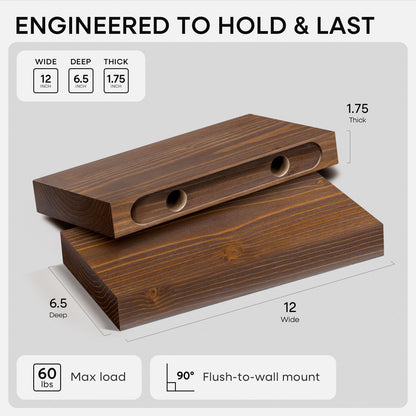 Homeforia Classic Walnut 12 inch Floating Shelf, High End Solid Real Wood Small 12inch Floating Shelves for Wall Mounted, 12in Floating Shelves, Heavy Duty Bracket, 12 X 6.5 X 1.75 inches, Set of 4