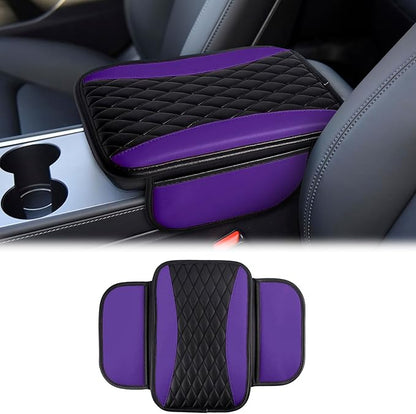 Leather Car Center Console Cover,Upgraded Center Console Cushion Pad with Side Pockets,Patchwork Arm Rest Cover for Car,Waterproof Armrest Seat Box Covers,Universal for Most Vehicles (Purple)