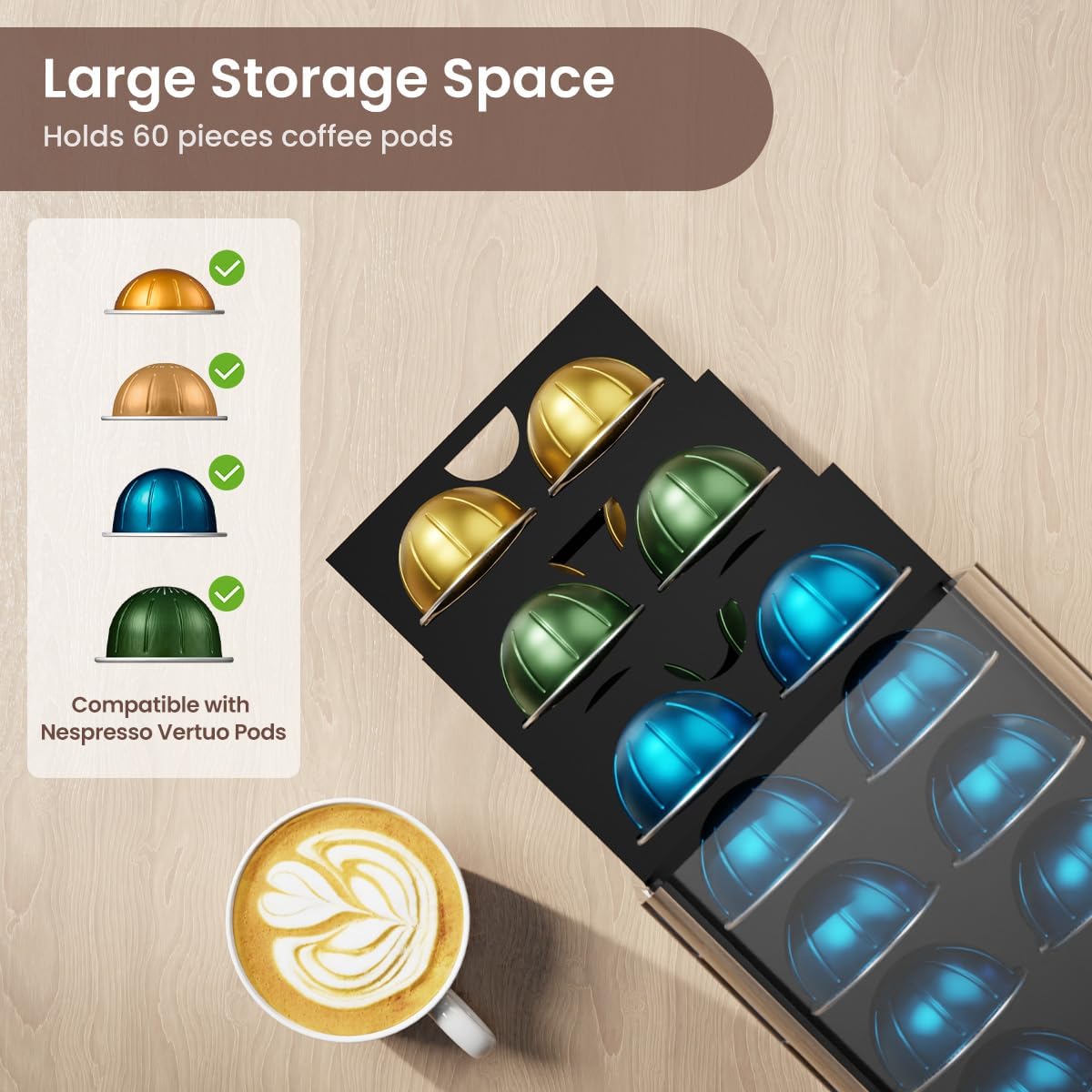 Acrylic Coffee Pod Drawer for Nespresso Vertuo Capsules, 3 Tier 60 Capacity Pods Organizer for Countertop Coffee Bar Home Office Kitchen