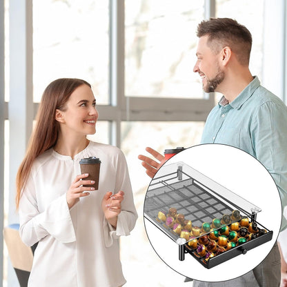 Clear Glass Coffee Pods Storage Drawer Organiser Large Capacity Espresso Pods Holder Stand with Metal Frame