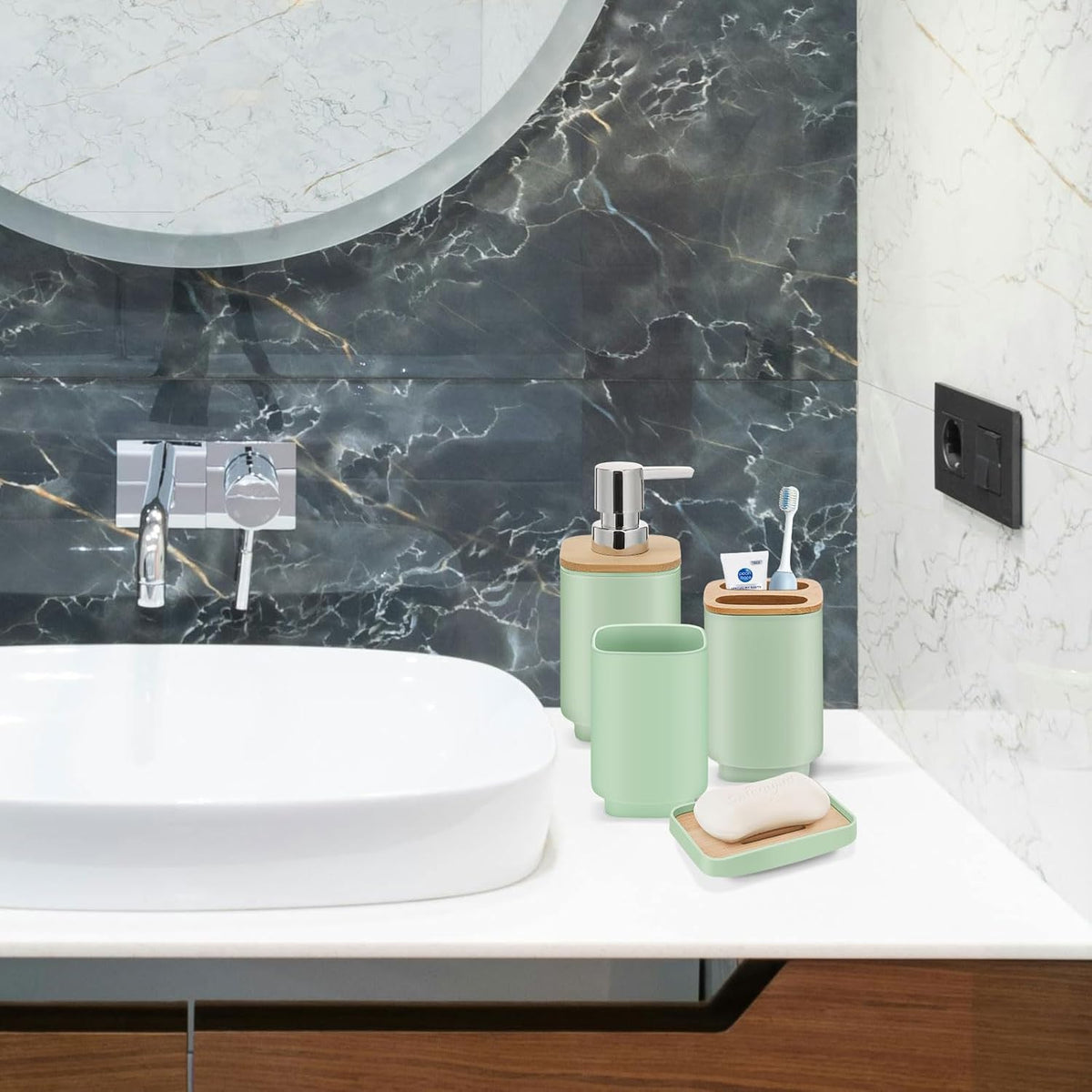 IMAVO Bathroom Accessories Set,Green Bathroom Set,11 Pieces Bathroom Accessory Set,Trash Can for Bathroom Accessories Décor and Housewarming Gifts