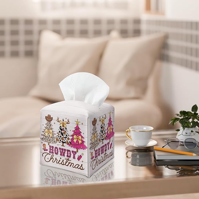 Christmas Tissue Box Holder, Pink Western Cowboy Christmas Trees Leather Tissue Box Cover Square, Coquette Xmas Bow Paper Facial Decorative Tissues Cover for Bathroom Office Home Decor-B04