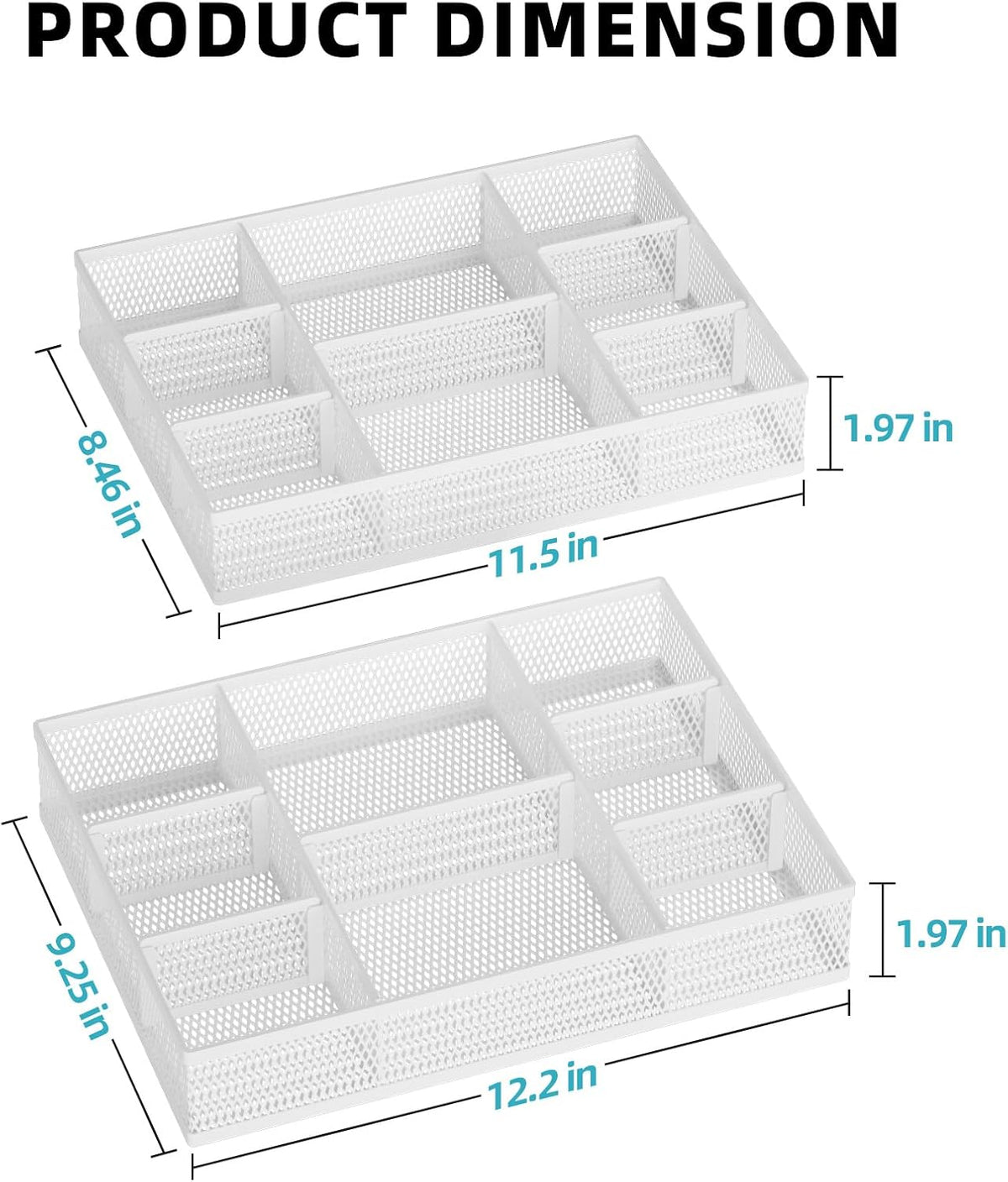 Marbrasse 2 Pack Desk Drawer Organizer, Mesh Drawer Organizer Tray with 8 Adjustable Compartments, Desk Organizers and Accessories, 5 Dividers for Office Supplies, Makeup & Vanity (White)