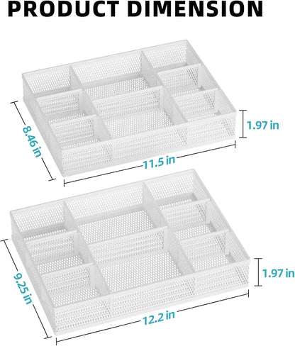 Marbrasse 2 Pack Desk Drawer Organizer, Mesh Drawer Organizer Tray with 8 Adjustable Compartments, Desk Organizers and Accessories, 5 Dividers for Office Supplies, Makeup & Vanity (White)