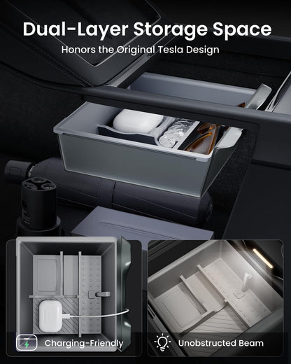REEVAA 2026 Tesla New Model Y Juniper Accessories - Center Console Organizer [Maximized Space | OEM Fit & Noise-Free] 2-Layer Material, Fit for Model Y 2025-2026, 4PCS, Gray