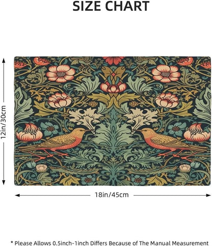 William Morris Placemats, Vintage Rustic Abstract Green Plants Flowers Nature Birds Print Washable Fabric Placemats Table Kitchen Dining Party 12x18 Inch Set of 4