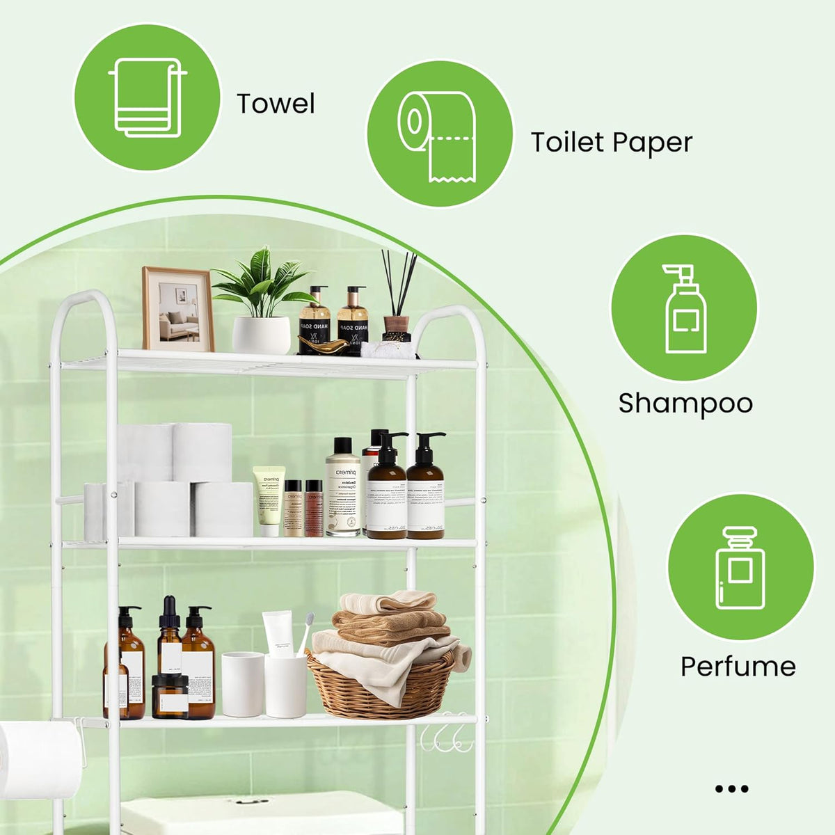3-Tier Over The Toilet Storage, Metal Over Toilet Bathroom Organizer and Storage for Small Space, Bathroom Shelves Rack with 3 Hooks and Paper Holder, White