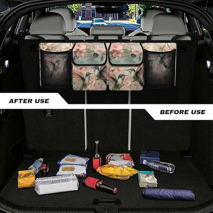 Hanging Car Trunk Organizer, Hummingbird Pink Flower Print Car Back Seat Storage with 4 Pockets Large Capacity Back Seat Storage Bag Waterproof Universal Car Interior Accessories