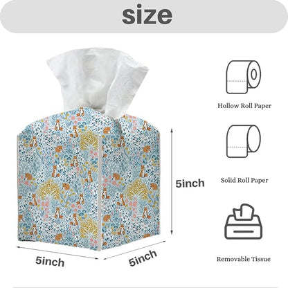 Tissue Box Cover, Tissue Box Holder, Square with Belt Bottom, PU Leather Decorative Organizer for Desk, Tabletop, Countertop Bathroom, Toilet Car, Bedside, Dresser Kitchen, Squirrel Flower Tree Decor