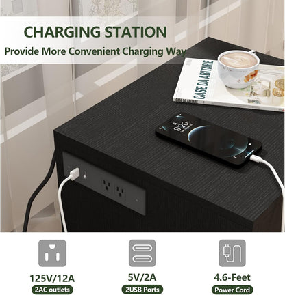 Auromie Nightstand with Charging Station and LED Lights, Concealment Furniture with RFID Lock Cabinet and Power Outlets, Bedside Table with Hidden Compartment for Valuables Storage, Black