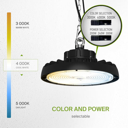 ASD LED High Bay UFO Light Fixture, Commercial Shop Lighting | 3CCT, Dimmable, IP69K Waterproof, DLC Premium, UL Listed | 300W 47700LM 3000-5000K 100-277V | Warehouse, Garage, Workshop Lamp | Black
