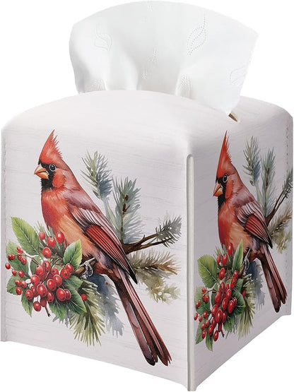 Christmas Tissue Box Holder, Christmas Cardinal Leather Tissue Box Cover Square with Bottom Belt, Paper Facial Decorative Tissues Cover for Night Stands Bathroom Office Home Decor-B11