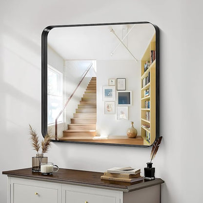 CIRCUMI Black Bathroom Mirror, Rounded Corner, Tempered Glass, Mirror