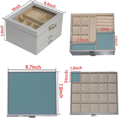 BOOVO Clear Lid Jewelry Box,3 Layers Jewelry Organizer Large Multi-Functional Jewelry Storage Box with 2 Drawers,Jewelry Display Case of Rings Earrings Necklace Bracelets for Women Girls (Grey)