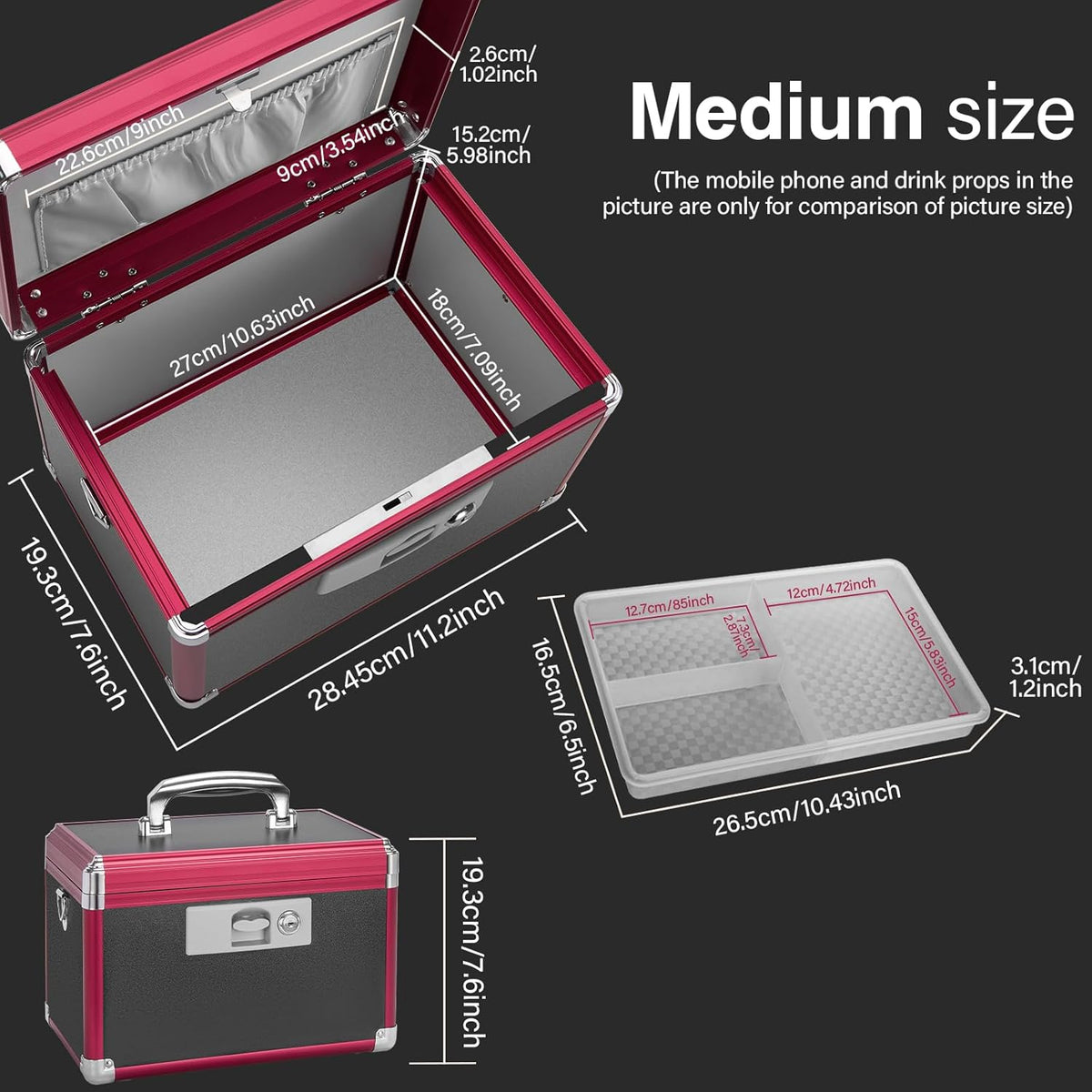 Medicine Lock Box for Safe Medication - 11.2 x 7.6 x 7.6 Inches - Lockable Storage Box for Drugs, First Aid Kit Empty, Lock Boxes with Key for Home/Outdoor (Black & Red/Medium)