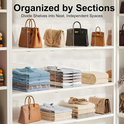 Purse Organizer for Closet Shelf Dividers: 16-Pack Adjustable Clear Acrylic Bag Storage Organizer for Handbags, Sweaters, Towels, Jeans and Shoes on Wood Shelves