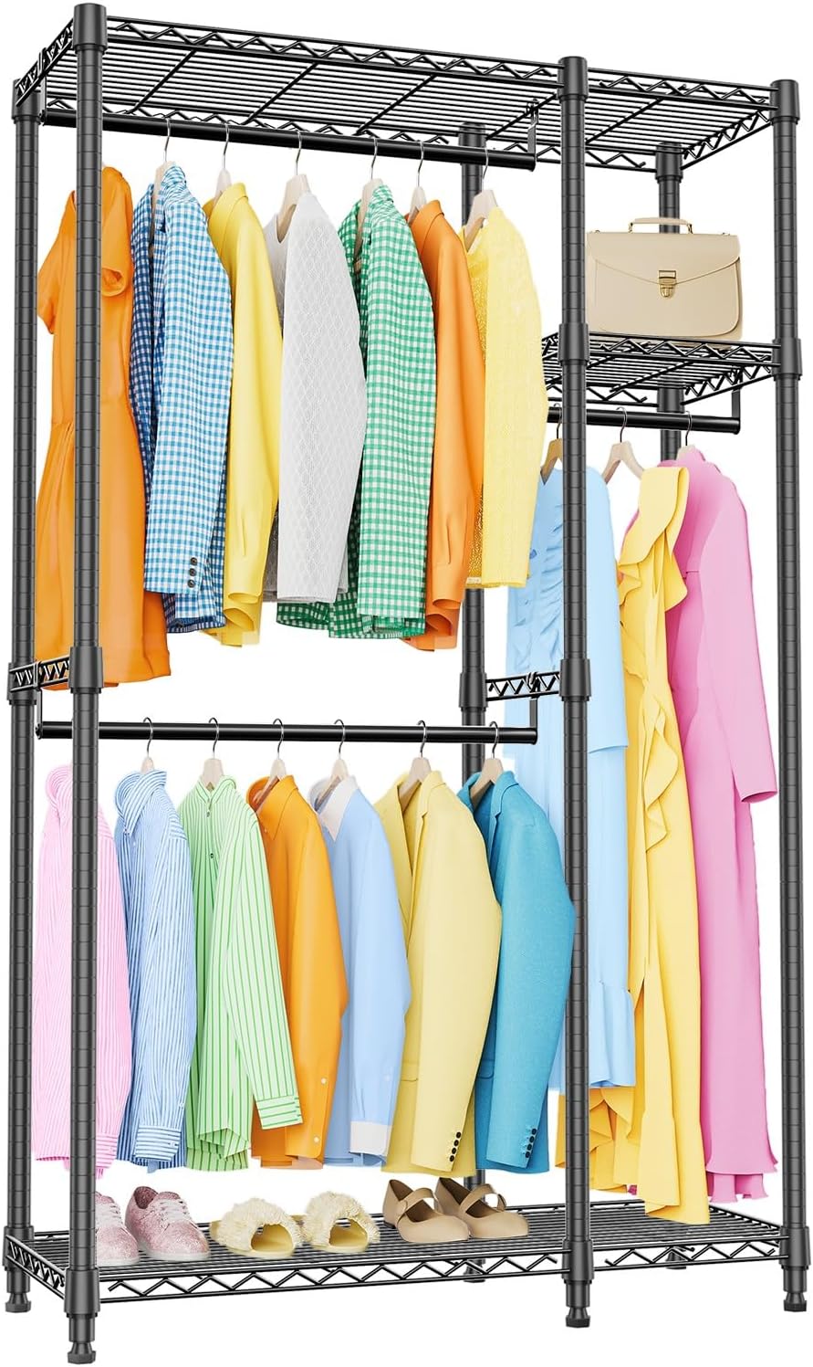 IZEUK 2 Combination Heavy Duty Garment Rack Wire Clothes Rack for Hanging Clothes, Metal Freestanding Closet Wardrobe Rack with 3 Rods Black 15.7" D x 43.3" W x 76.5" H