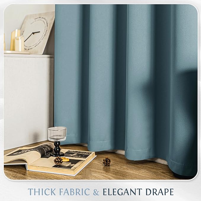 Beauoop Dusty Blue 100% Blackout Curtains 63 Inch Long 2 Panels