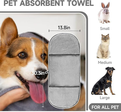 KUEIOX Dog Washing Gloves - Quick Drying Dog Towel,Cat Bath Grooming Gloves Brush with High-Density Teeth for Bathing Massaging，Absorbent Pet Bath Towel 30.3"x13.8" with Hand Pocket for Dog Cat Grey