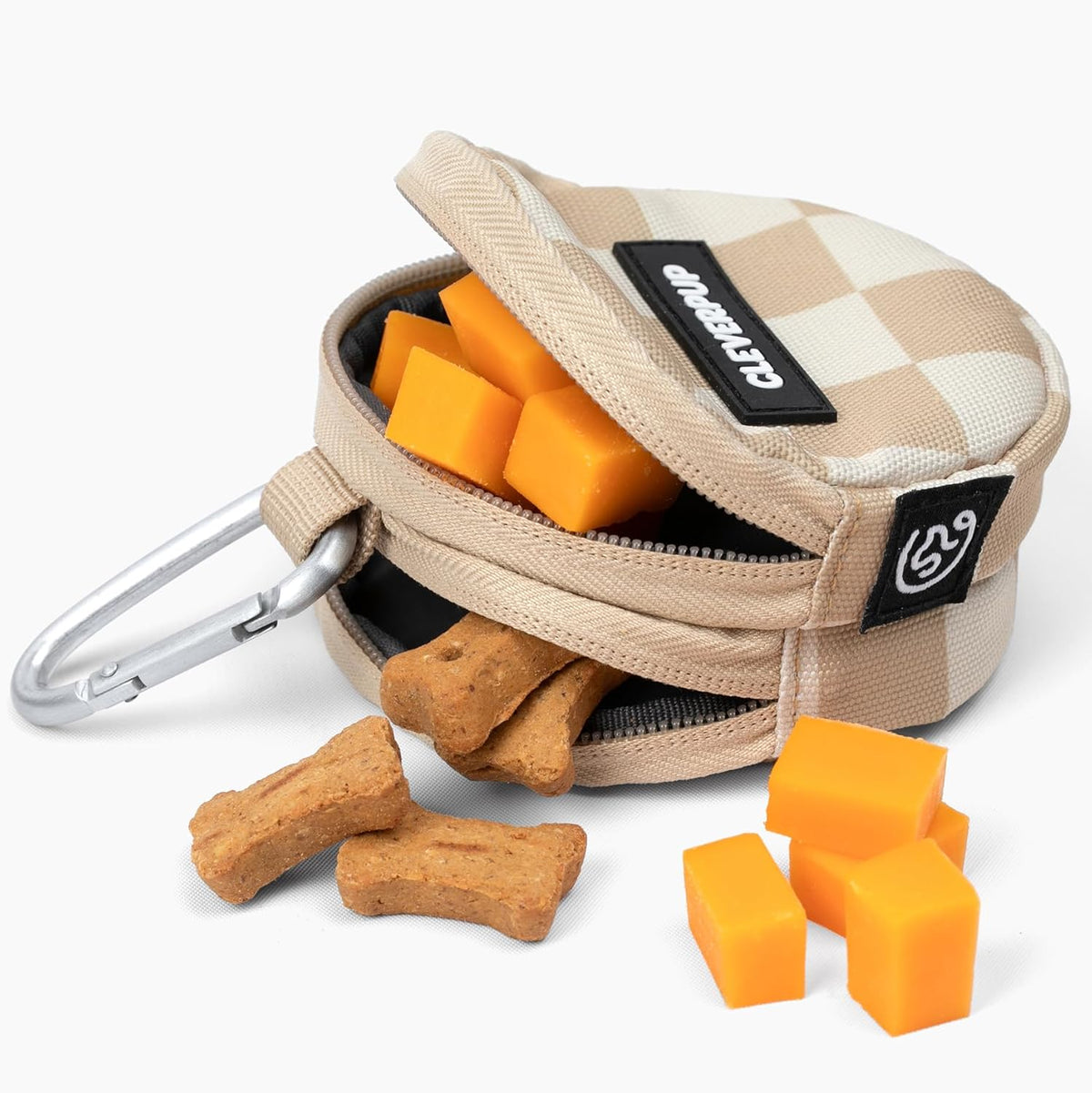 Snackpack Double Insulated Dog Treat Pouch - Holds 1.5 Cups - Dog Training and Walks Snack Bag, Two Pockets for Dry or Wet Treats, Attaches to Leash, Belt, or Bag - Checkerboard