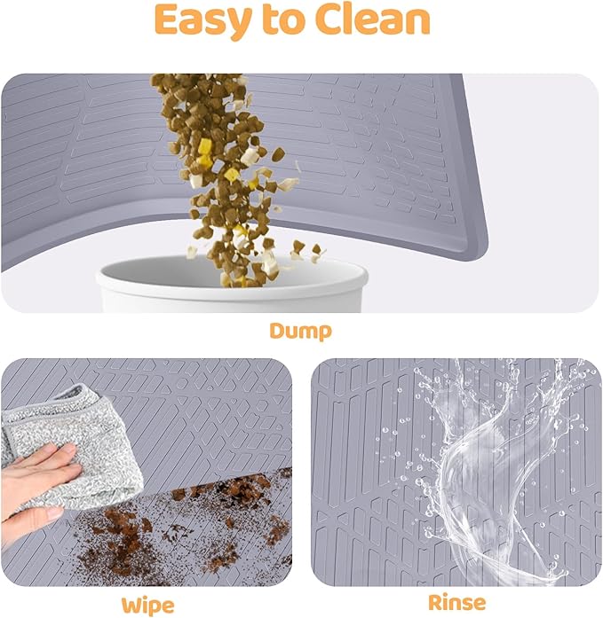 Bartuke Cat Food Mat with Toy Ball, 38'' x 25'' Extra Large Silicone Pet Feeding Mat with Raised Edge Pet Placemat for Food and Water Bowl Non-Slip, Easy to Clean, Floor Protection (Grey)