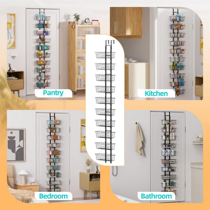 10-Tier Over The Door Organizer with Baskets - Heavy Duty Spice Rack Metal Hanging Shelf for Pantry & Kitchen | Adjustable Spice Rack, Space-Saving Hanging Storage for Bathroom, Laundry, Black
