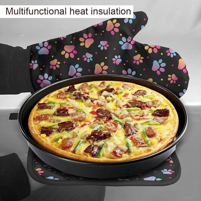 Dog Animal Paws Print Oven Mitts and Pot Holders Insulated Gloves & Kitchen Counter Safe Mats for Cooking BBQ Baking Grilling (2-Piece Set)