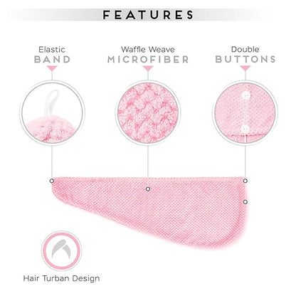 SimpleField 2 Pack Microfiber Hair Towel Wrap for Women, Anti Frizz Quick Drying Hair Turban for All Hair Style, Absorbent and Lightweight (Pink)