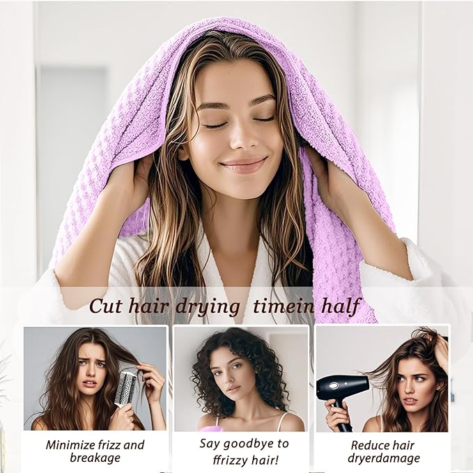 Netcken Large Microfiber Hair Towel for Women,Super Soft Anti Frizz & Quick Dry for Curly Hair,Ultra Absorbent Hair Wrap Towels for Long,Thick,Wet Hair 24x42 Inches (Purple)