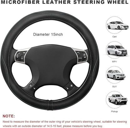 Car Steering Wheel Cover, 15 Inch Anti-Slip Breathable Leather Auto Steering Wheel Protector, Full Surround Soft Steering Wheel Cover for Men Women, Car Interior Accessories (Black & Gray)