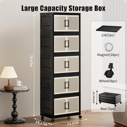 Stackable Storage Bins with Lids,Collapsible Plastic Storage Box Closet Organizers and Storage with Wheels and Magnetic Door for Home Office Dorm (5 Pack)