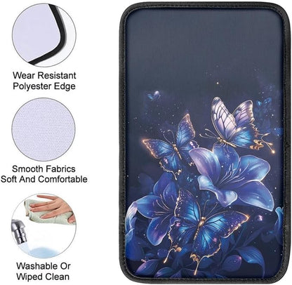 Blue Purple Butterfly Car Armrest Storage Box Mat Car Center Console Cover Car Armrest Seat Box Cover for Most Vehicle, SUV, Truck Car Decors