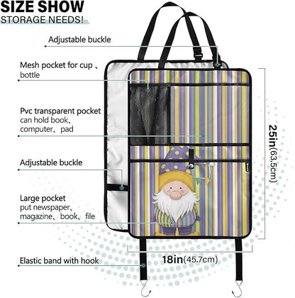 1 Pack Back Seat Car Organizer with Storage Pockets Kick Mats Back Seat Protector Hanging Car Organizer Automotive Seat Back Cover Organizers Stripe Mardi Gras Gnome