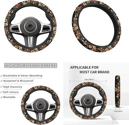 Sky Mushroom Picture 6pcs Car Steering Wheel Cover Set for Men Women Auto Interior Accessories Cup Coaster Cars Handbrake Cover Universal Fit Truck Van SUV