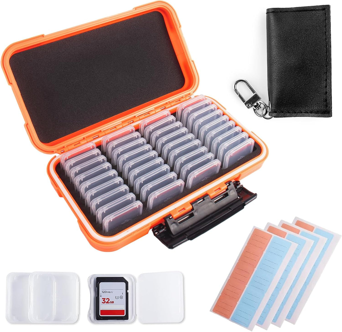 36 Slots Memory Card Case Orange with 36 Transparent Holders & 40 Writable Labels, SD Card Storage Case & Organizer for Camera Memory Cards