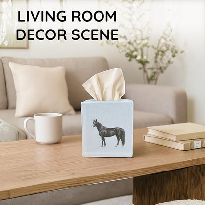 EmbroideryLinen.VN Tissue Box Cover Set of 2, Square Linen Tissue Holder, Printed Animal Pattern, 4.5x4.5x5.5 Inches, Decorative Holder for Bathroom, Living Room, Office (Horse - Ivory)