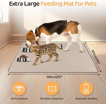 Bartuke Dog Food Mat, Extra Large 57" x 40" Silicone Pet Feeding Mat with Raised Edge Pet Placemat for Small, Medium, and Large Pets Non-Slip, Easy to Clean (Khaki)