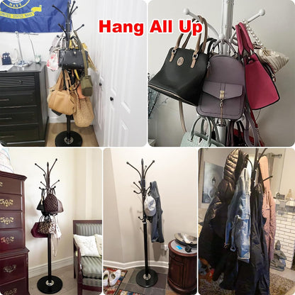 Kertnic Metal Coat Rack Stand with Natural Marble Base, Free Standing Hall Tree with 12 Hooks for Hanging Scarf, Bag, Jacket, Home Entry-way Hat Hanger Organizer (Black)