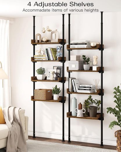 ALLZONE Bathroom Organizer, Over The Toilet Storage, 4-Tier Adjustable Wood Shelves for Small Rooms, Saver Space Rack, 92 to 116 Inch Tall, Narrow Cabinet, Rustic Brown