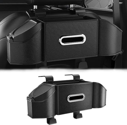 Car Organizer Back Seat, 4-In-1 Car Back Seat Organizer with Drink Cup Holder Tissue Box Trash Can Phone Holder, Adjustable Headrest Storage Organizers with Hooks Automotive Seat Storage Box