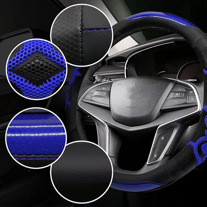 Sport Style Black Leather Steering Wheel Cover with Blue Lucky-Cloud-Design Grip Steering Wheel Accessory,Universal Fit 14.5-15.25 inch Steering Wheel
