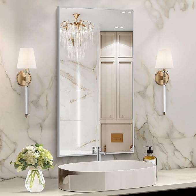 48x24In Silver Bathroom Mirror for Wall, Brushed Nickel Rectangle Mirrors
