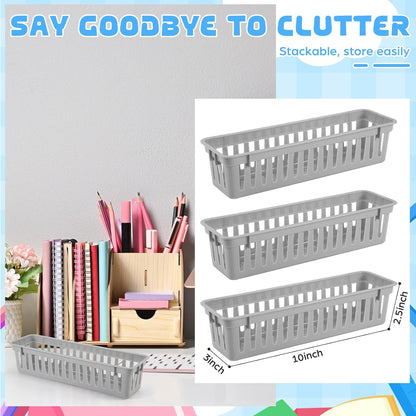 6 Pcs Gray Slim Plastic Storage Baskets Tray 10 x 3 x 2.5 Inch Compact Stackable Desk Organizer for Office, Classroom, School Supplies, and Home Storage, Organization(Gray)