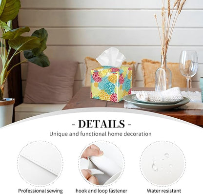 POIUBLE Chrysanthemum Flower Tissue Box Cover Leather Tissue Box Holder Square Facial Paper Organizer Dispenser for Bathroom Kitchen Bedroom Vanity Countertop Night Stands