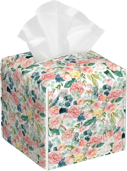 BLYKVGHQ Pink Watercolor Flowers Tissue Box Cover Square, Tissue Box Holder with Bottom Belt Leather Facial Paper Organizer Dispenser for Bathroom Bedroom Dresser Night Stand Tabletop