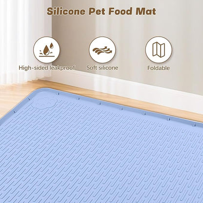 Bartuke Cat Food Mat, 40" x 28" Extra Large Silicone Pet Feeding Mat with Raised Edge Pet Placemat for Food and Water Bowl Non-Slip, Easy to Clean, Floor Protection (Blue)