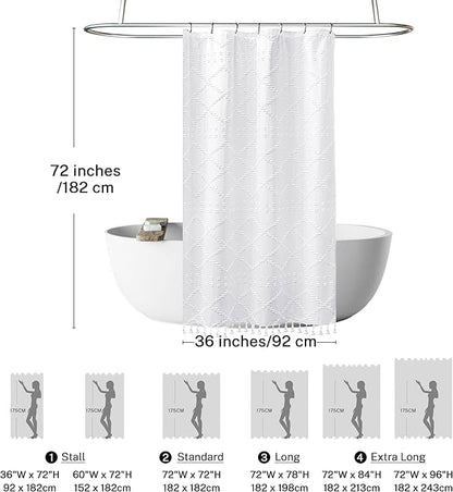 Siiluminisoy Small Stall Boho Shower Curtain White Tassle Woven Fabric Shower Curtain 36 x 72 Half Size Tufted Chevron Striped Textured Modern Farmhouse Minimalist Cloth for Bathroom
