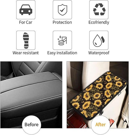 Sunflower Car Center Console Cover Yellow Black Flower Floral Armrest Box Covers SUV Van Sedans Truck Interior Accessories, Anti-Scratch Middle Console Lid Cushion Protector